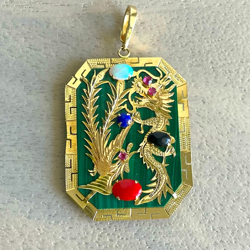 🐲14K Solid Gold Lucky Dragon🐲 Malachite, Opal, Onyx, Ruby, Lapis Charm Pendant